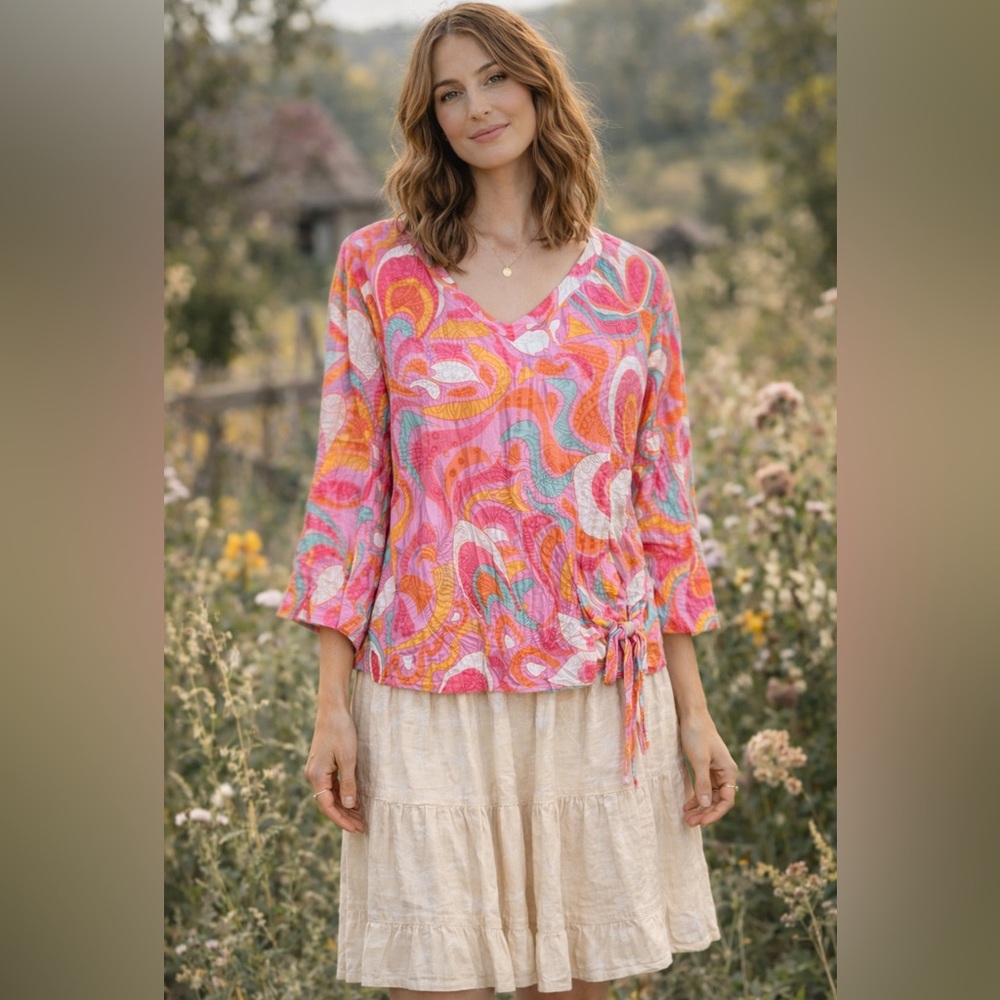 Ali Miles Blouse V-Neck Tunic Abstract Geometric Print Size Medium Top